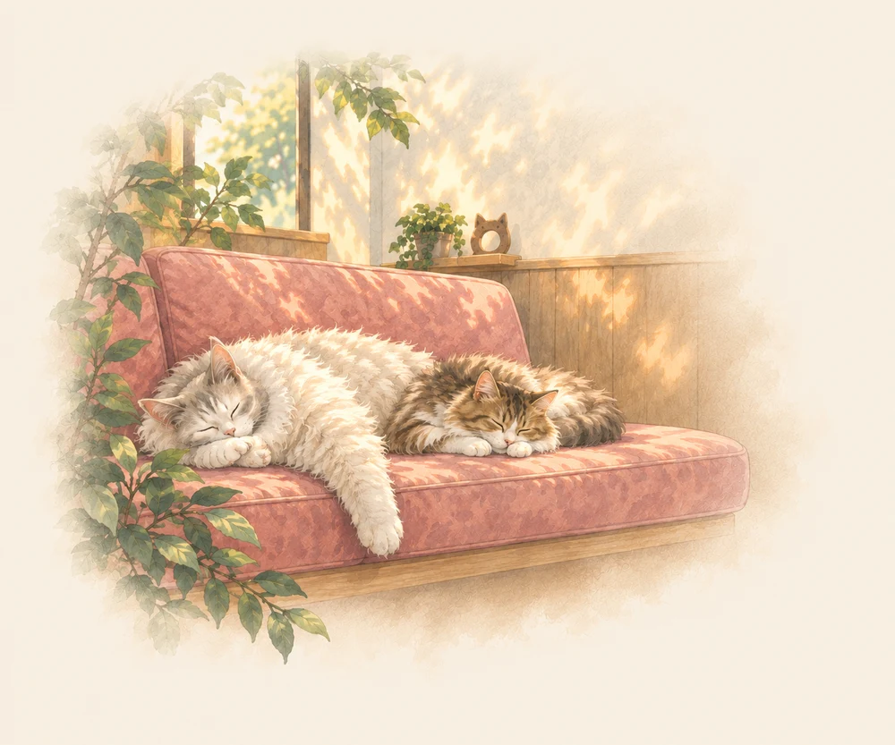 ソファで安らぐ猫たちのイメージイラスト
