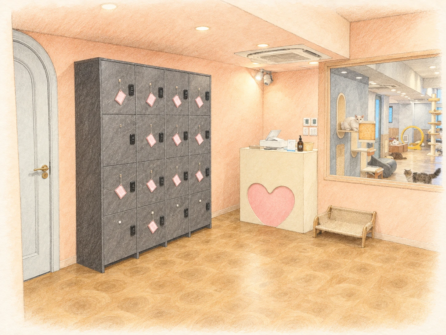 入口・受付エリア — 写真をもとにした水彩イラスト