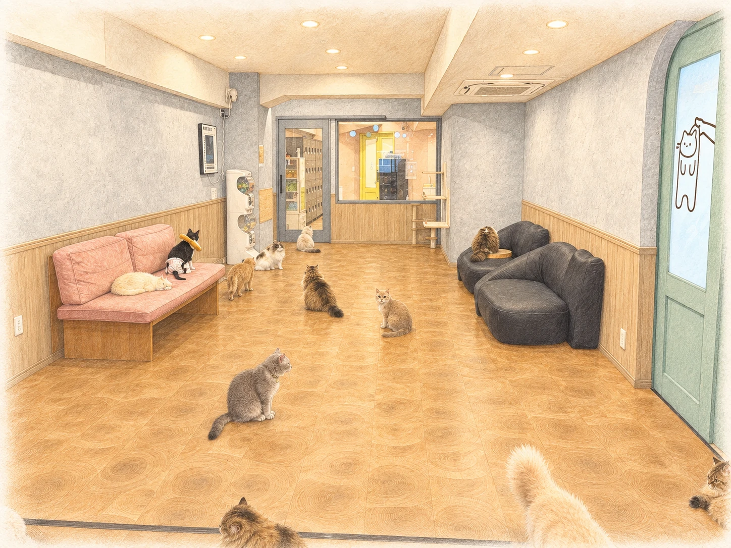 ソファで過ごす、ゆっくりした時間。 — 店内写真をもとにした水彩イラスト