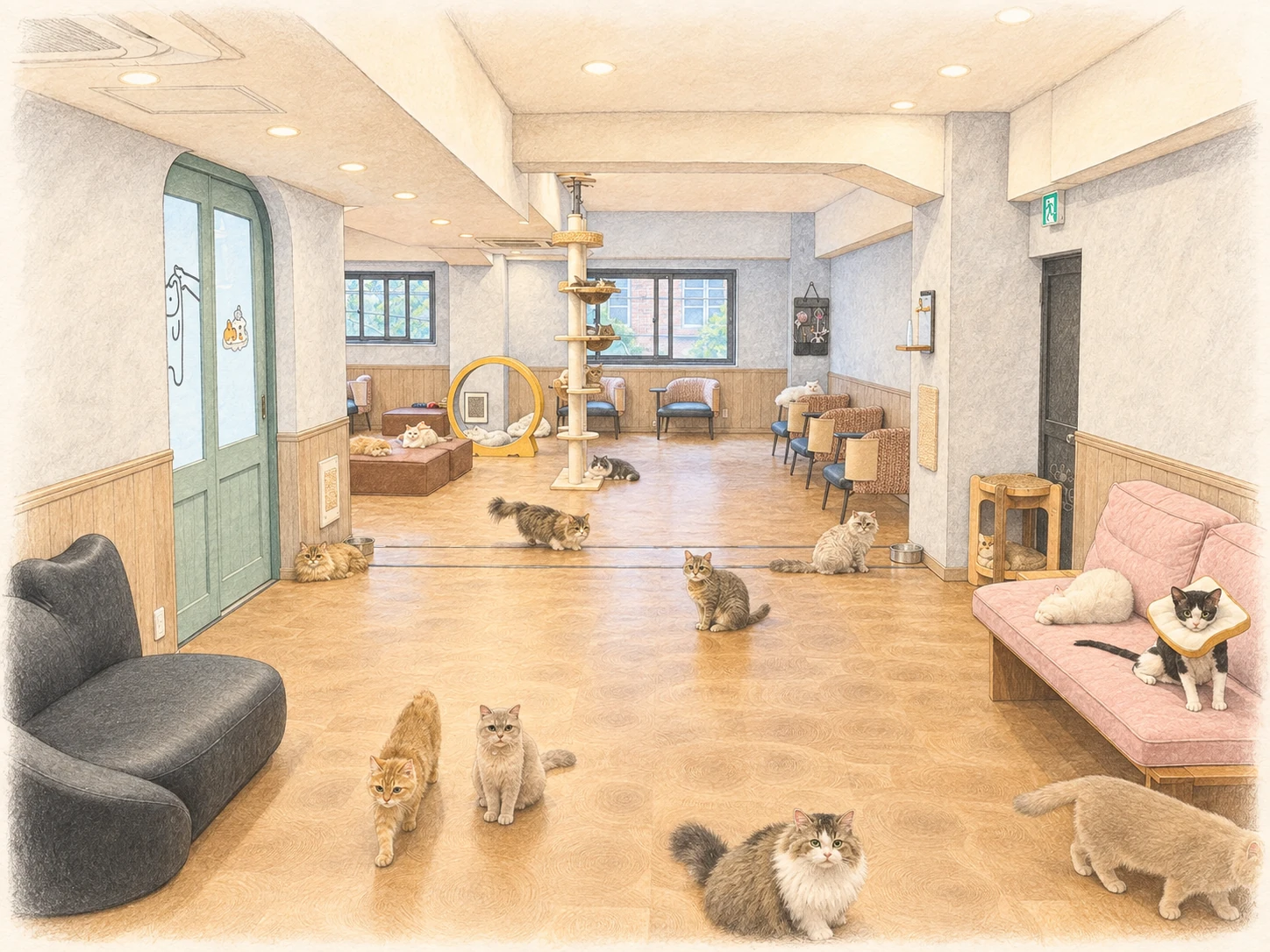 猫たちと、ひと休み。 — 店内写真をもとにした水彩イラスト